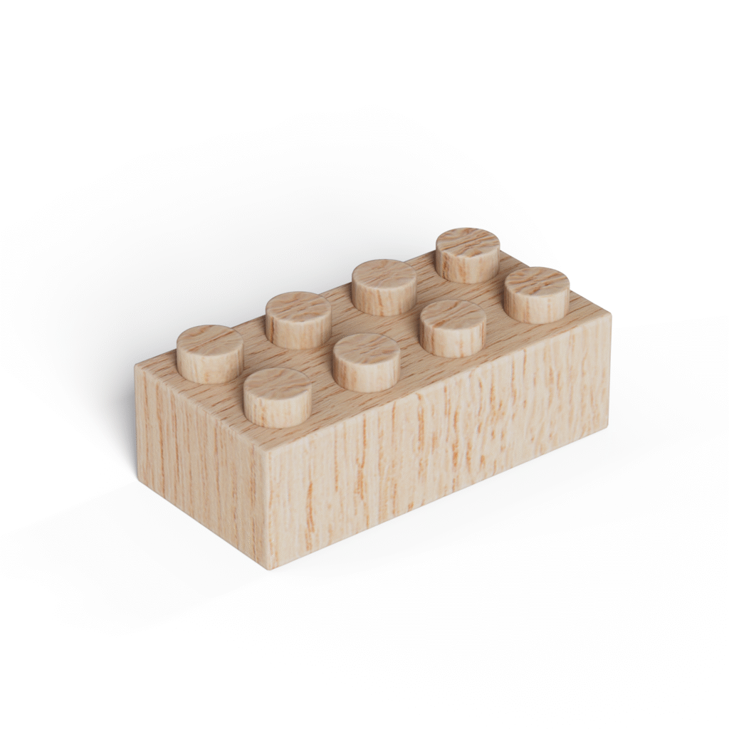 Timber Brands natural FSC-certified 2x4 wood brick in standard LEGO-compatible size.