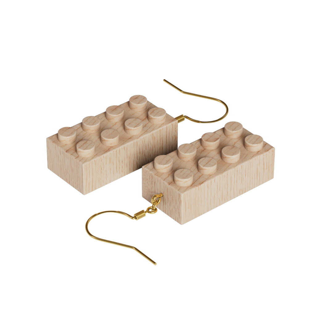 Timber Brands natural wood brick earrings made from FSC-certified biodegradable wood and fully LEGO compatible.