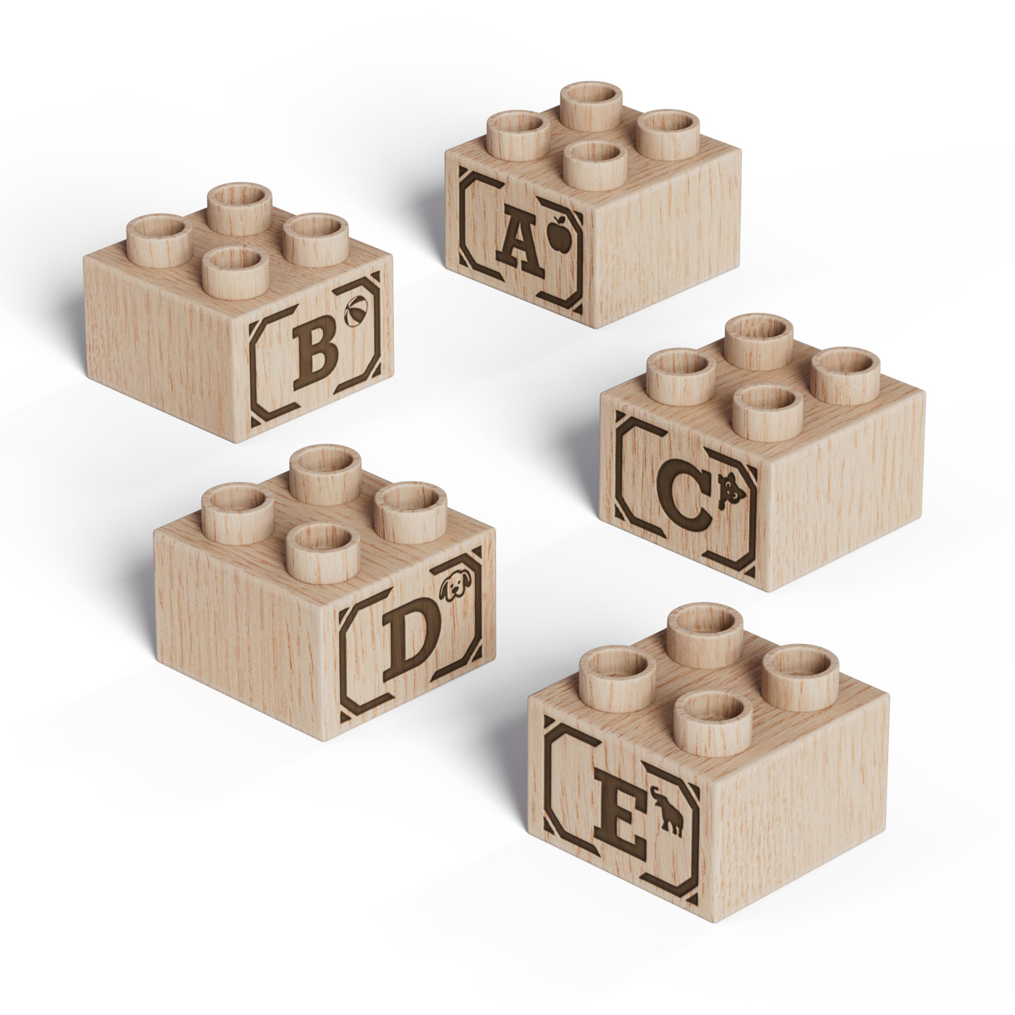 Theme Engraved 2x2 Wood Brick Set - Plus Size, ABC Starter Kit (5 Bricks)