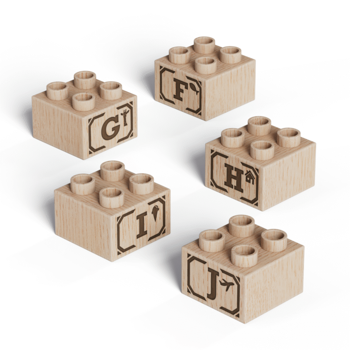 Timber Brands 2x2 Plus Size ABC Blocks — Natural Wood Duplo Compatible Timber Brands 2x2 plus size natural wood abc blocks f g h i j laser engraved duplo compatible biodegradable fsc certified wooden bricks