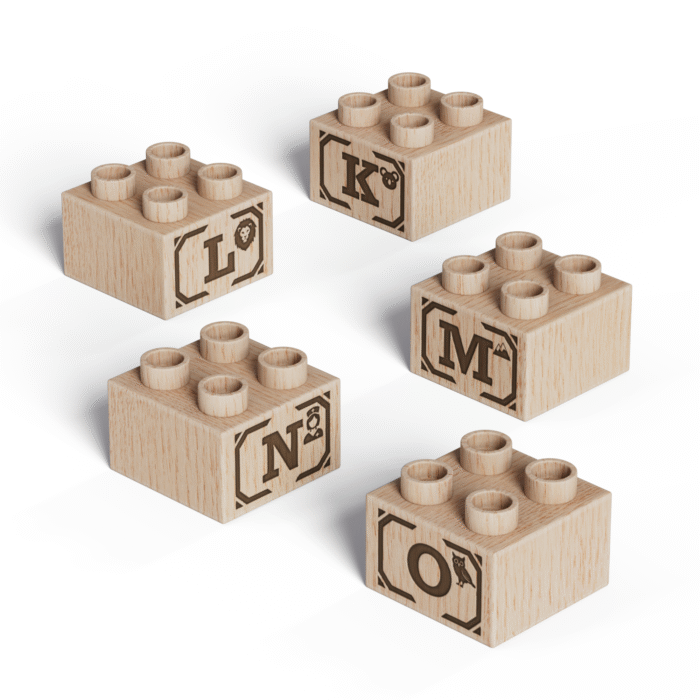 Timber Brands 2x2 Plus Size ABC Blocks — Natural Wood Duplo Compatible Timber Brands 2x2 plus size natural wood abc blocks k l m n o laser engraved duplo compatible biodegradable fsc certified wooden bricks