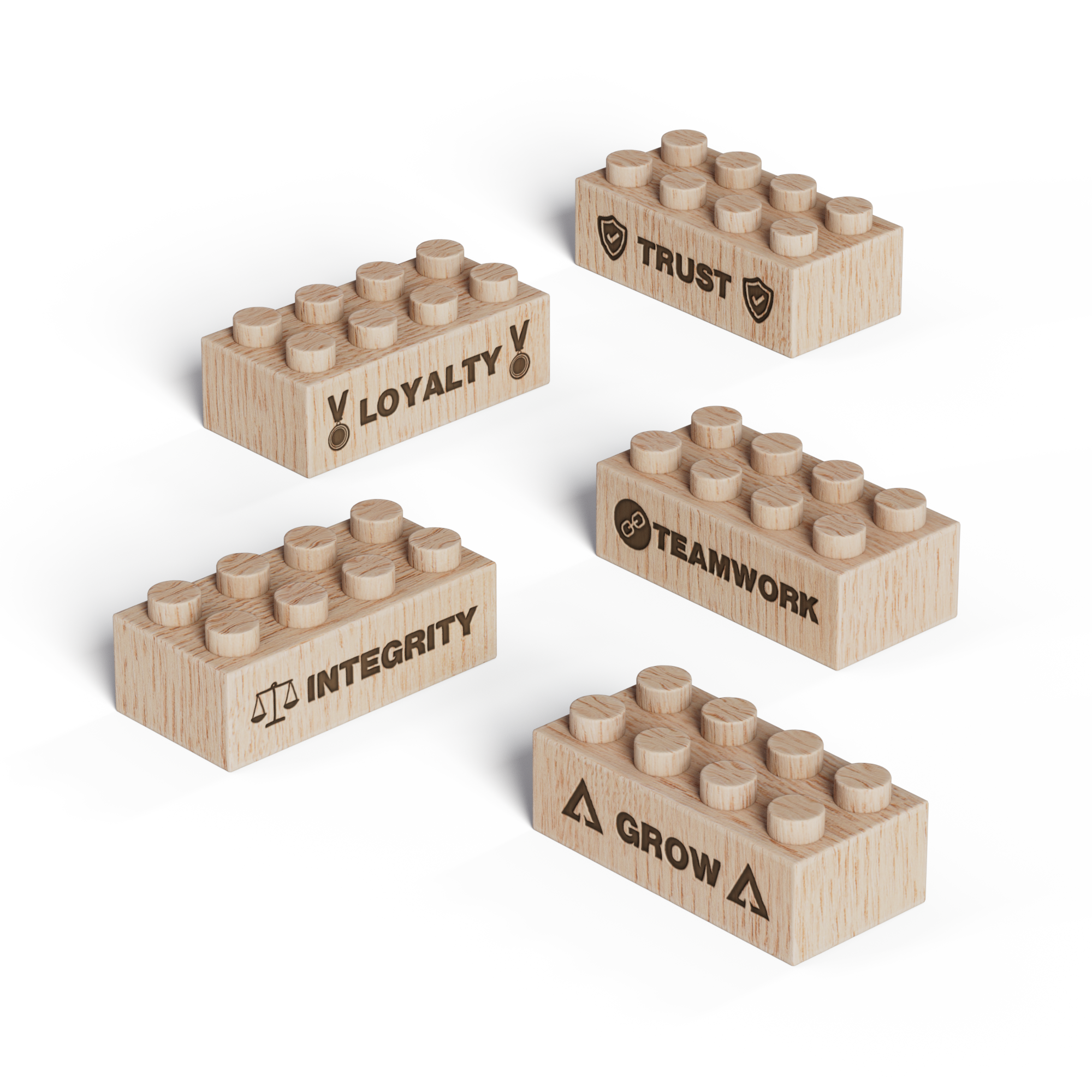 Theme Engraved 2x4 Wood Brick Set - Standard Size, Core Values (5 Bricks)