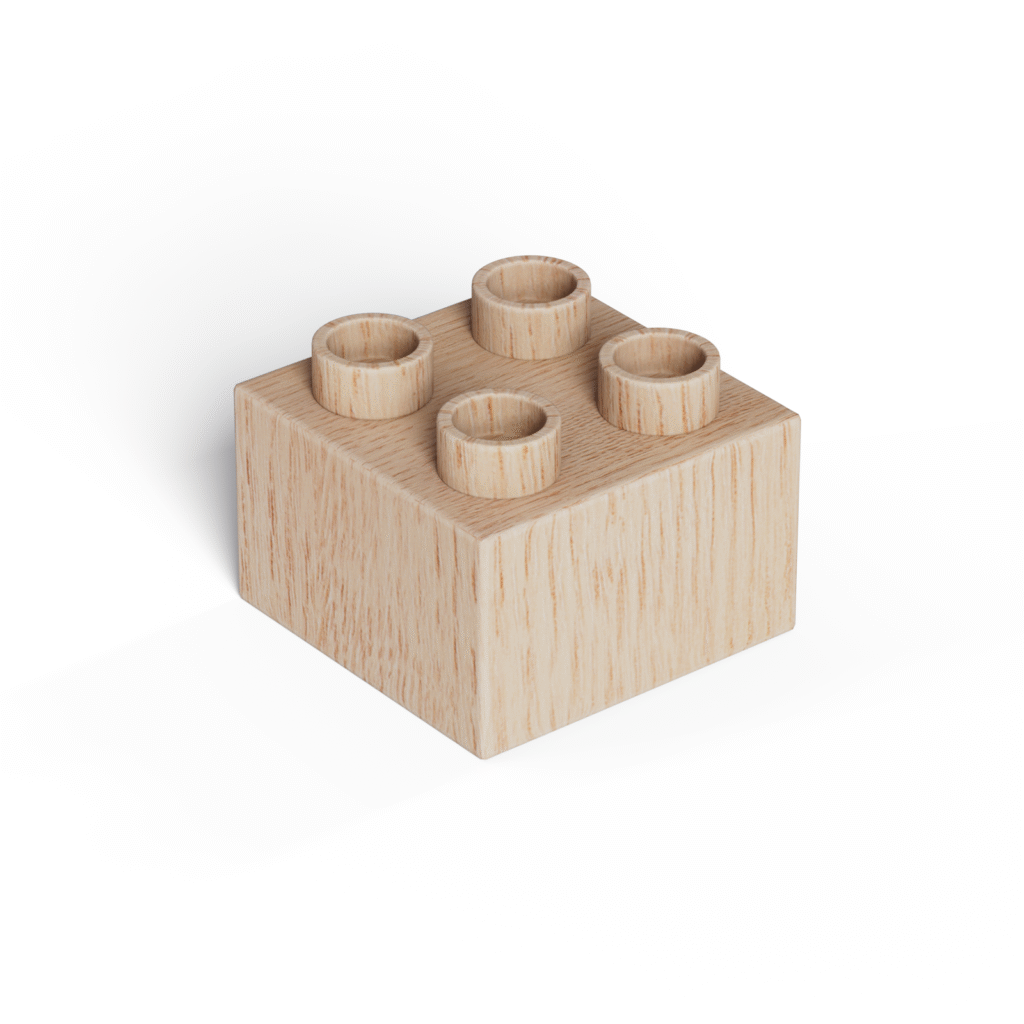 Timber Brands 2x2 plus-size natural wooden brick compatible with Duplo-style blocks