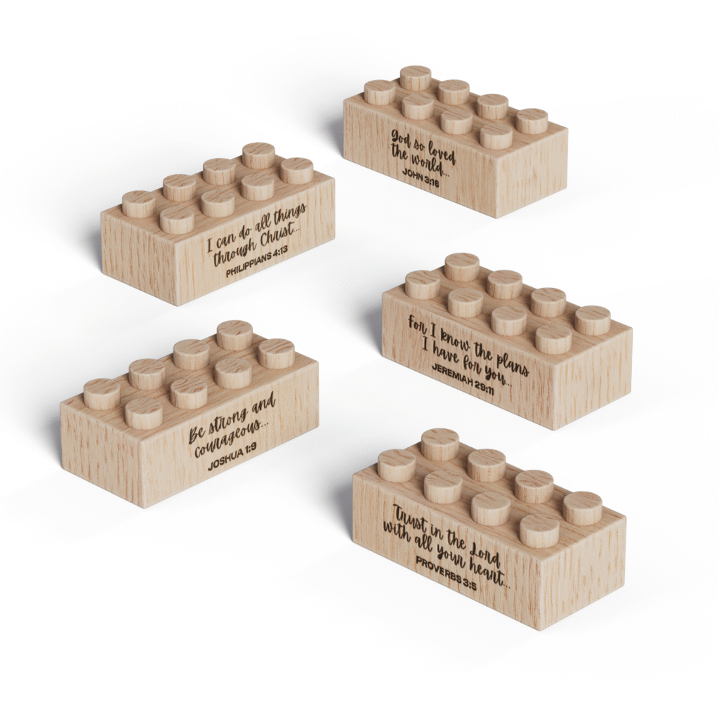 Timber Brands Laser-engraved 2x4 wooden bricks featuring Bible verses displayed in a five-brick set