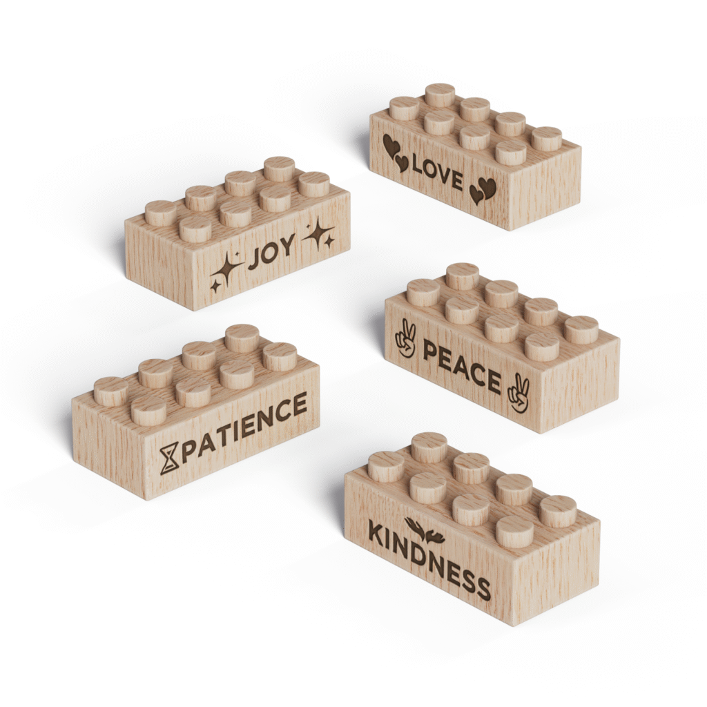 Timber Brands Laser-engraved 2x4 wooden bricks featuring Joy, Love, Peace, Patience, and Kindness designs
