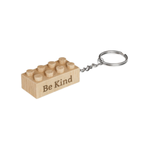 Timber Brands Be Kind engraved wooden brick keychain compatible with LEGO and plastic bricks