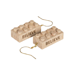 Timber Brands custom engraved wood brick earrings featuring the word “Believe,” lightweight LEGO-compatible earrings designed to connect with plastic brick systems