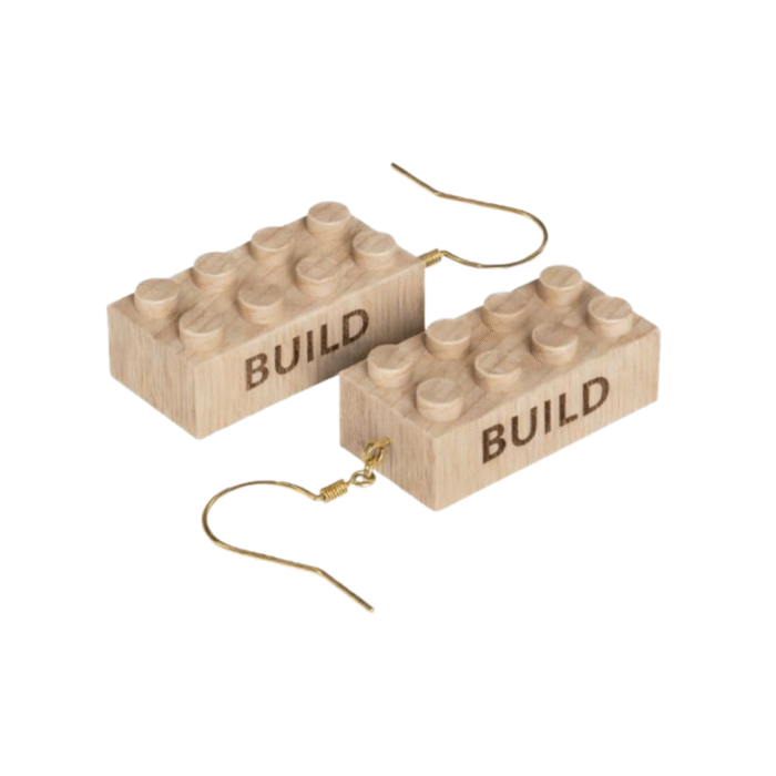 Build Timber Brands engraved wooden 2x4 brick earrings featuring the word Build, lightweight earrings compatible with LEGO and plastic brick systems