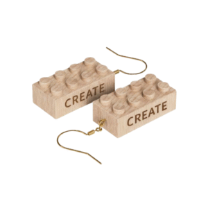 Timber Brands engraved wooden 2x4 brick earrings featuring the word Create, lightweight earrings compatible with LEGO and plastic brick systems