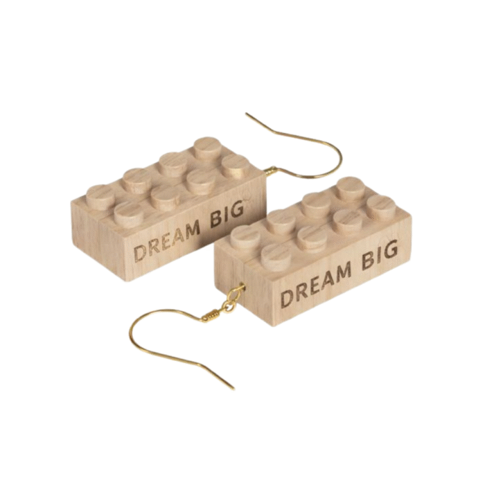 Dream Big Timber Brands engraved wooden 2x4 brick earrings featuring the words Dream Big, lightweight earrings compatible with LEGO and plastic brick systems