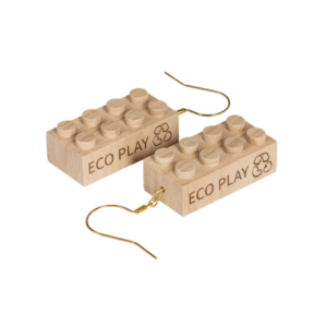 Timber Brands engraved wooden 2x4 brick earrings featuring the phrase Eco Play with recycling icon, lightweight earrings compatible with plastic brick systems