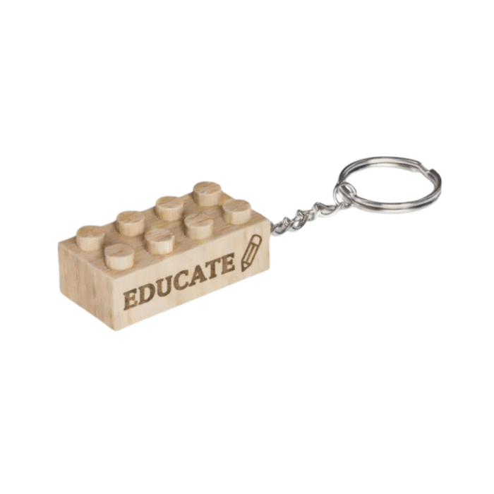 Educate Timber Brands engraved wooden brick keychain with “Educate” message, compatible with plastic brick systems