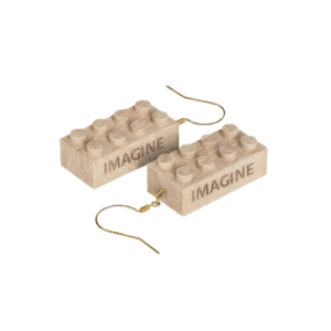 Timber Brands engraved wooden 2x4 brick earrings featuring the word Imagine, lightweight earrings compatible with LEGO and plastic brick systems