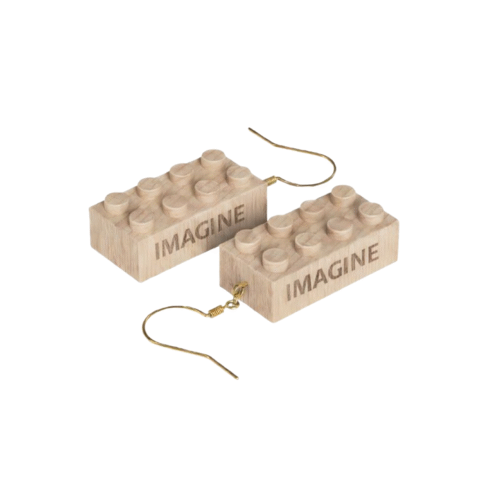 Imagine Timber Brands engraved wooden 2x4 brick earrings featuring the word Imagine, lightweight earrings compatible with LEGO and plastic brick systems