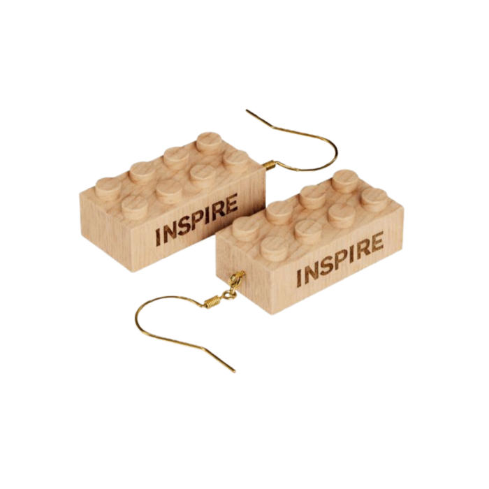 Timber Brands engraved wooden 2x4 brick earrings featuring the word Inspire, lightweight earrings compatible with LEGO and plastic brick systems