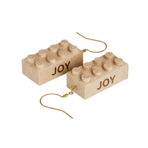 Timber Brands engraved wooden 2x4 brick earrings featuring the word Joy, lightweight earrings compatible with plastic brick systems