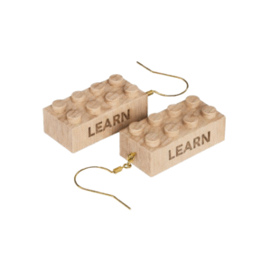 Timber Brands engraved wooden 2x4 brick earrings featuring the word Learn, lightweight earrings compatible with LEGO and plastic brick systems