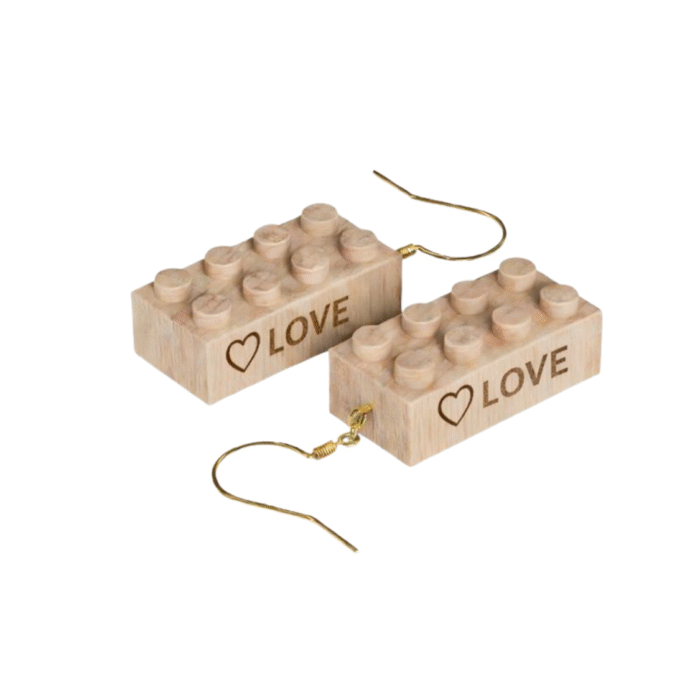 Love (2) Timber Brands engraved wooden 2x4 brick earrings featuring the word Love with heart icon, lightweight earrings compatible with LEGO and plastic brick systems