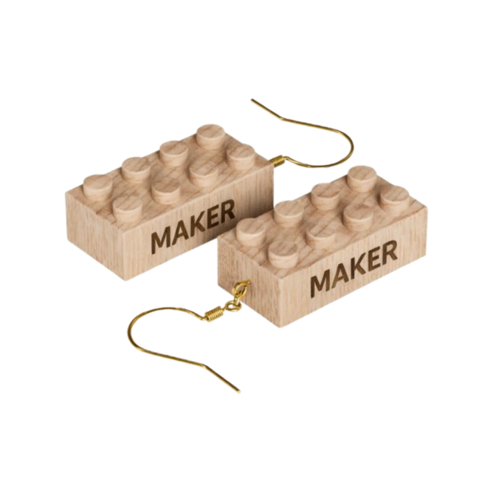 Maker Timber Brands engraved wooden 2x4 brick earrings featuring the word Maker, lightweight earrings compatible with LEGO and plastic brick systems