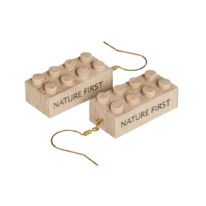 Timber Brands engraved wooden 2x4 brick earrings featuring the words Nature First, lightweight earrings compatible with LEGO and plastic brick systems
