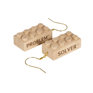 Timber Brands engraved wooden 2x4 brick earrings featuring the words Problem Solver, lightweight earrings compatible with LEGO and plastic brick systems