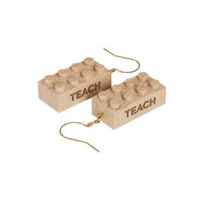 Timber Brands engraved wooden 2x4 brick earrings featuring the word Teach, lightweight earrings compatible with plastic brick systems