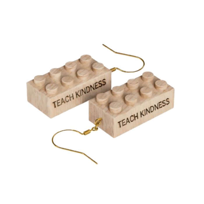 Teach Kindness (2) Timber Brands engraved wooden brick earrings with “Teach Kindness” message, compatible with plastic brick systems
