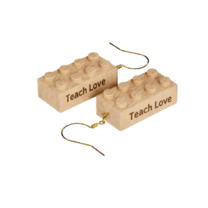 Timber Brands engraved wooden 2x4 brick earrings featuring the words Teach Love, lightweight earrings compatible with plastic brick systems