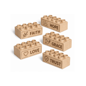 Custom engraved 2x4 plus size wooden bricks compatible with LEGO DUPLO featuring Faith, Hope, Love, Grace, and Trust word designs. FSC-certified eco-friendly wood building blocks made in the USA for inspirational play, positive learning, and creative building.