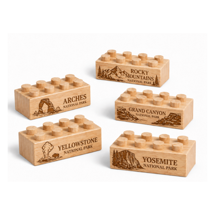 National Parks Theme Custom engraved 2x4 wooden bricks compatible with LEGO compatible featuring Rocky Mountain, Yosemite, Yellowstone, Arches, and Grand Canyon National Park designs. FSC-certified eco-friendly wood building blocks made in the USA for nature-inspired play, geography learning, and creative exploration.