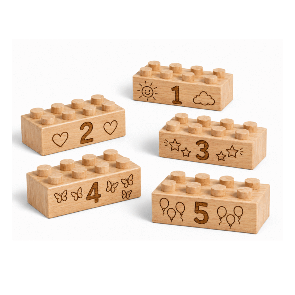 Custom engraved 2x4 wooden bricks compatible with LEGO compatible featuring numbers 1, 2, 3, 4, and 5 with playful icon designs. FSC-certified eco-friendly wood building blocks made in the USA for counting, number recognition, and hands-on learning.