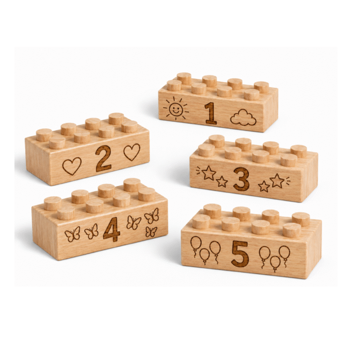 Numbers Theme Custom engraved 2x4 wooden bricks compatible with LEGO compatible featuring numbers 1, 2, 3, 4, and 5 with playful icon designs. FSC-certified eco-friendly wood building blocks made in the USA for counting, number recognition, and hands-on learning.