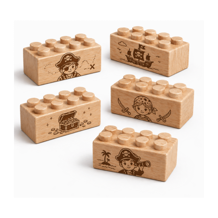 Pirate Theme Custom engraved standard 2x4 wooden bricks featuring pirate-themed designs including pirate captain, pirate ship, treasure chest, swords, and island scenes. FSC-certified eco-friendly wood building blocks compatible with LEGO-compatible bricks and made in the USA for imaginative storytelling and creative play.