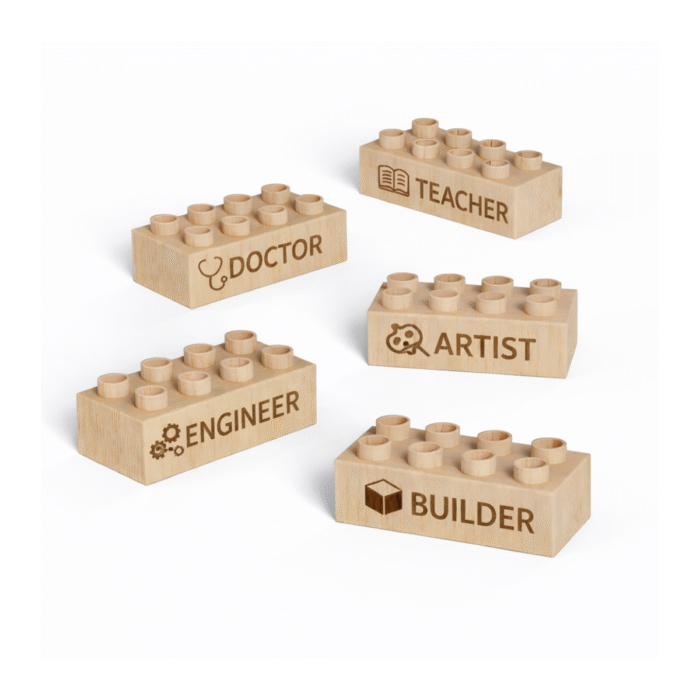 Custom engraved 2x4 plus size wooden bricks compatible with LEGO DUPLO featuring Doctor, Teacher, Engineer, Artist, and Builder career designs. FSC-certified eco-friendly wood building blocks made in the USA for imaginative play, career exploration, and creative learning.