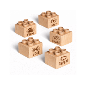 Custom engraved 2x2 plus size wooden bricks compatible with LEGO DUPLO featuring Film, Post, Share, Edit, and Repeat designs. FSC-certified eco-friendly wood building blocks made in the USA for creative play, content creators, educational learning, and sustainable gifts.