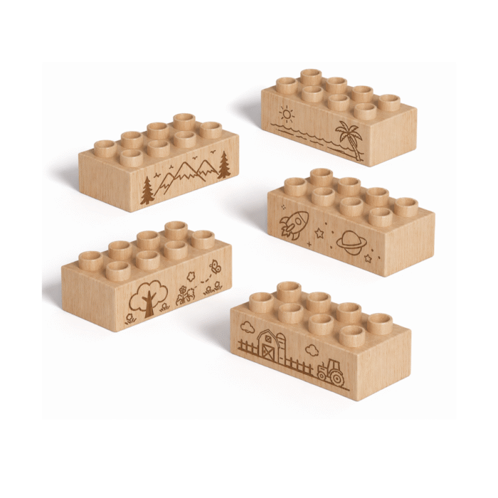 Plus Size, Explorer Theme Custom engraved 2x4 plus size wooden bricks compatible with LEGO DUPLO featuring mountain, beach, space, nature, and farm scene designs. FSC-certified eco-friendly wood building blocks made in the USA for imaginative play, storytelling, and creative exploration.