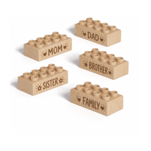 Custom engraved 2x4 plus size wooden bricks compatible with LEGO DUPLO featuring Mom, Dad, Brother, Sister, and Family word designs. FSC-certified eco-friendly wood building blocks made in the USA for family-themed play, storytelling, and creative learning.