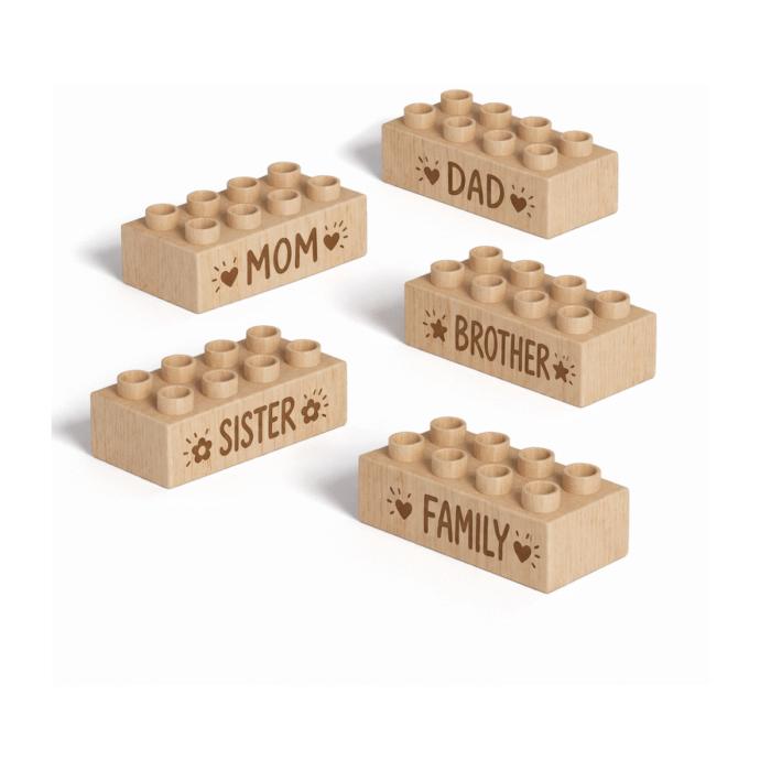 Plus Size, Family Theme Custom engraved 2x4 plus size wooden bricks compatible with LEGO DUPLO featuring Mom, Dad, Brother, Sister, and Family word designs. FSC-certified eco-friendly wood building blocks made in the USA for family-themed play, storytelling, and creative learning.