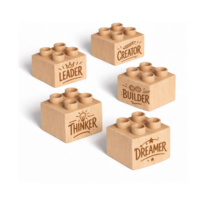 Plus Size, Identity Theme Custom engraved 2x2 plus size wooden bricks compatible with LEGO DUPLO featuring Leader, Creator, Builder, Thinker, and Dreamer designs. FSC-certified eco-friendly wood building blocks made in the USA for confidence-building play and creative learning.