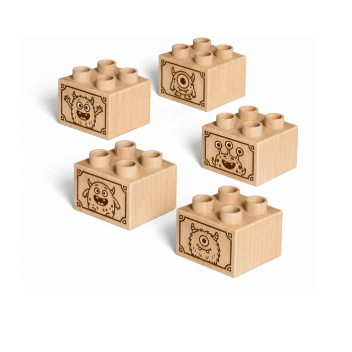 Plus Size, Monster Theme Custom engraved 2x2 plus size wooden bricks compatible with LEGO DUPLO featuring friendly monster designs. FSC-certified eco-friendly wood building blocks made in the USA for imaginative play, storytelling, and creative building.