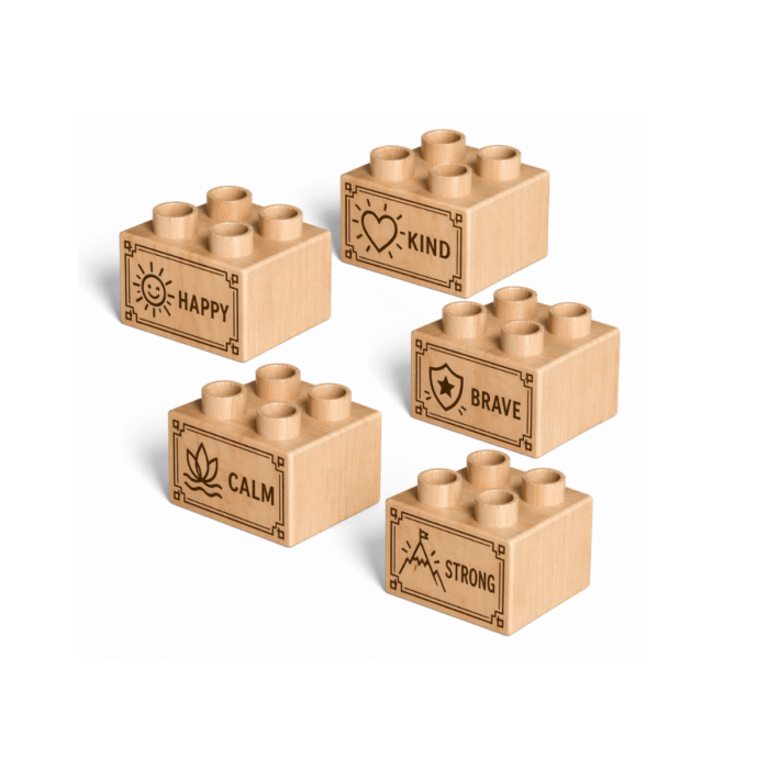 Plus Size, Mood Theme Custom engraved 2x2 plus size wooden bricks compatible with LEGO DUPLO featuring Happy, Kind, Brave, Calm, and Strong affirmation designs. FSC-certified eco-friendly wood building blocks made in the USA for emotional learning, confidence-building play, and creative development.