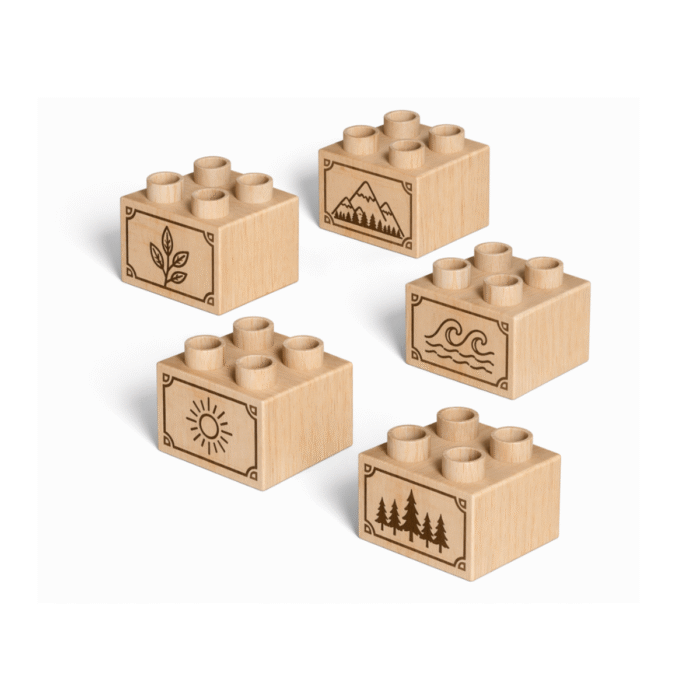 Plus Size, Nature Theme Custom engraved 2x2 plus size wooden bricks compatible with LEGO DUPLO featuring Leaf, Mountain, Wave, Sun, and Forest designs. FSC-certified eco-friendly wood building blocks made in the USA for imaginative play, nature learning, and creative building.