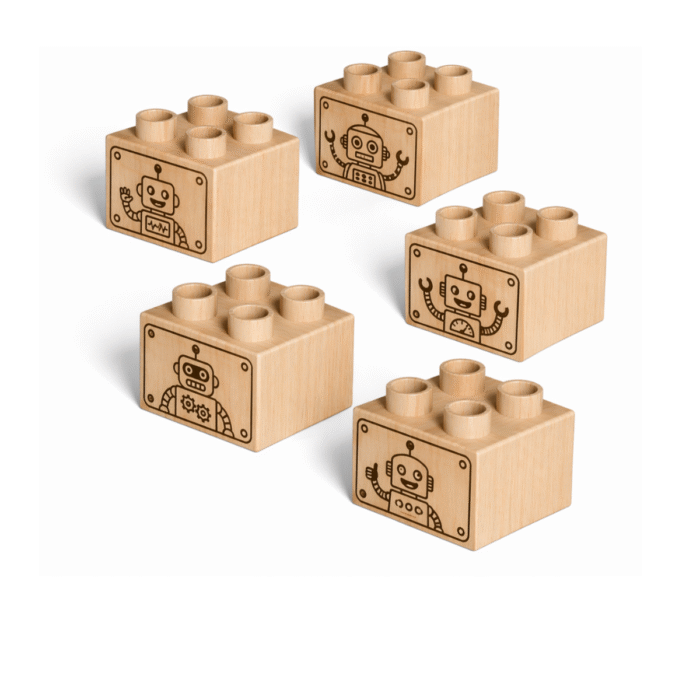 Plus Size Robot Theme Custom engraved 2x2 plus size wooden bricks compatible with LEGO DUPLO featuring playful robot designs. FSC-certified eco-friendly wood building blocks made in the USA for STEM learning, imaginative play, and creative building.