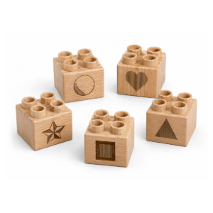 Custom engraved 2x2 plus size wooden bricks compatible with LEGO DUPLO featuring Square, Circle, Triangle, Star, and Heart designs. FSC-certified eco-friendly wood building blocks made in the USA for shape recognition, creative learning, and imaginative play.
