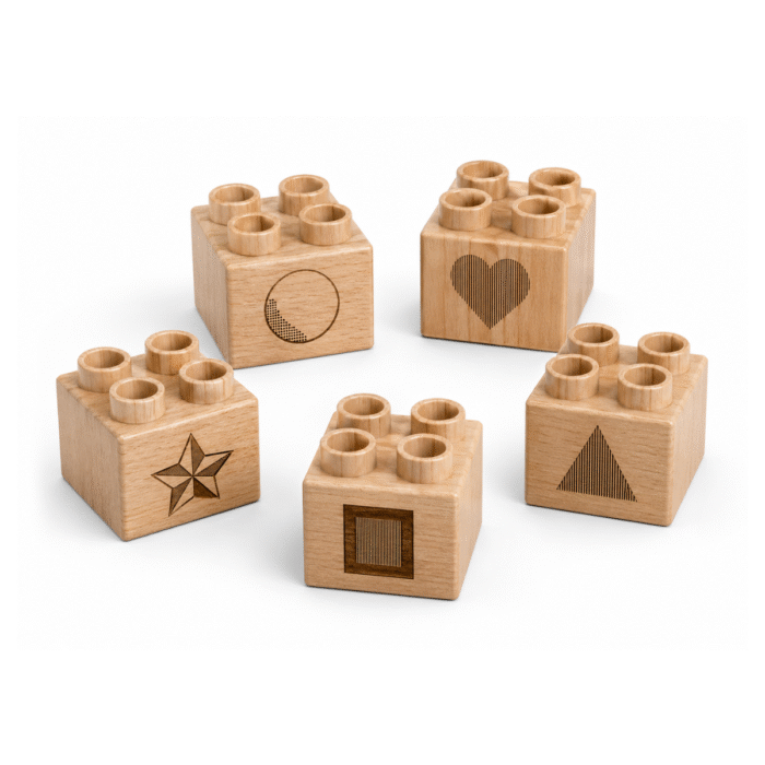 Custom engraved 2x2 plus size wooden bricks compatible with LEGO DUPLO featuring Square, Circle, Triangle, Star, and Heart designs. FSC-certified eco-friendly wood building blocks made in the USA for shape recognition, creative learning, and imaginative play.