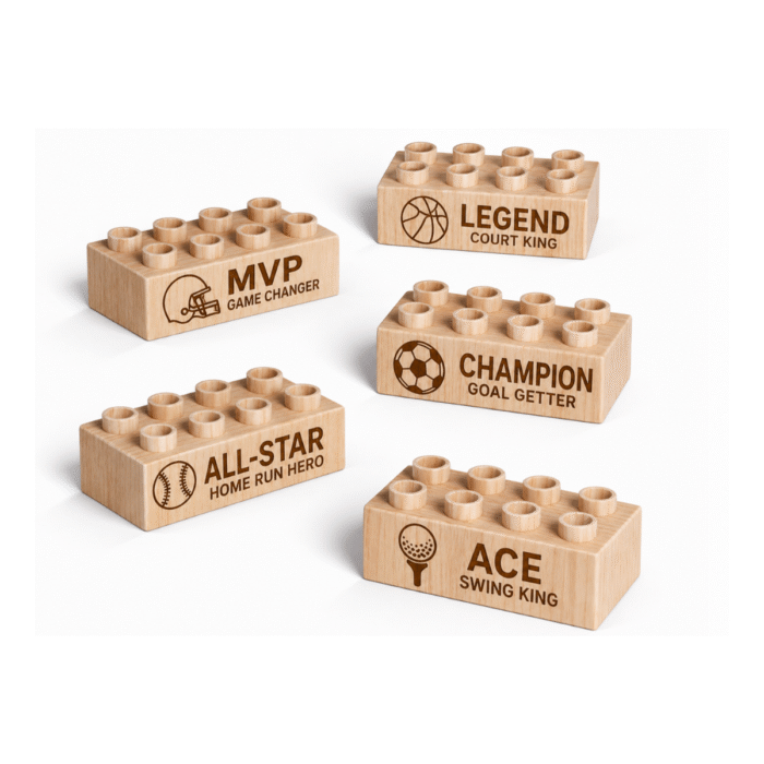 Plus Size, Sports Theme Custom engraved 2x4 plus size wooden bricks compatible with LEGO DUPLO featuring football, basketball, baseball, soccer, and golf sports designs. FSC-certified eco-friendly wood building blocks made in the USA for imaginative play, sports-themed storytelling, and creative learning.