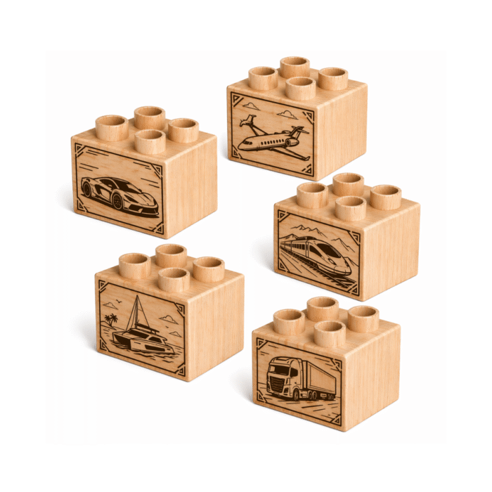 Plus Size, Vehicle Theme Custom engraved 2x2 plus size wooden bricks compatible with LEGO DUPLO featuring Car, Airplane, Train, Boat, and Truck designs. FSC-certified eco-friendly wood building blocks made in the USA for imaginative play, transportation learning, and creative building.