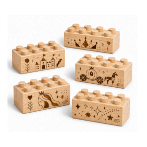 Custom engraved standard 2x4 wooden bricks featuring princess-inspired designs including castles, crowns, carriage, stars, and whimsical characters. FSC-certified eco-friendly wood building blocks compatible with LEGO-compatible bricks and made in the USA for imaginative storytelling and creative play.