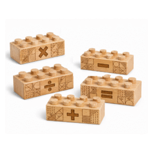 Custom engraved 2x4 wooden bricks compatible with LEGO compatible featuring plus, minus, multiply, divide, and equals math symbol designs. FSC-certified eco-friendly wood building blocks made in the USA for STEM learning, math education, and hands-on learning.