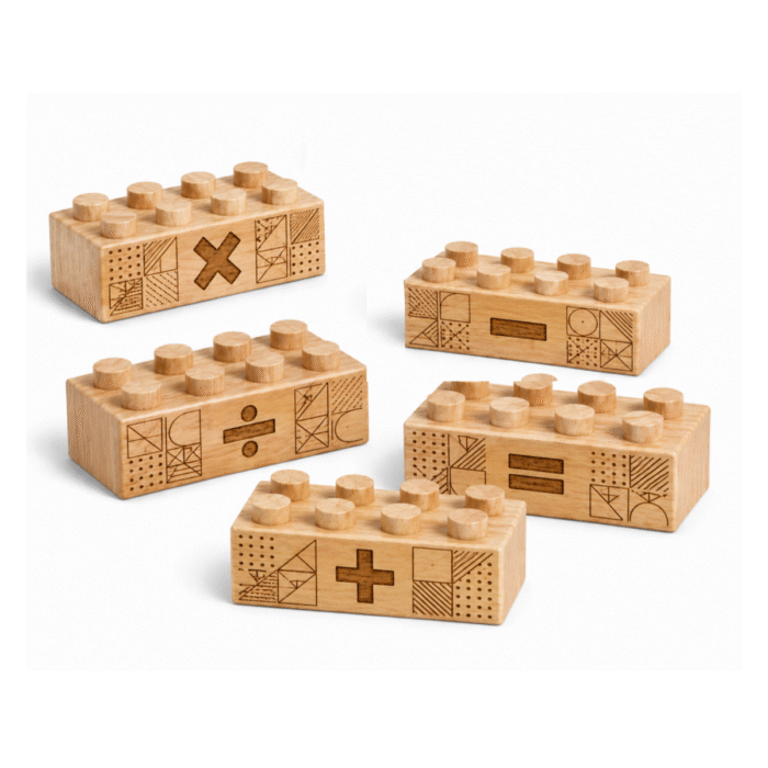 Custom engraved 2x4 wooden bricks compatible with LEGO compatible featuring plus, minus, multiply, divide, and equals math symbol designs. FSC-certified eco-friendly wood building blocks made in the USA for STEM learning, math education, and hands-on learning.
